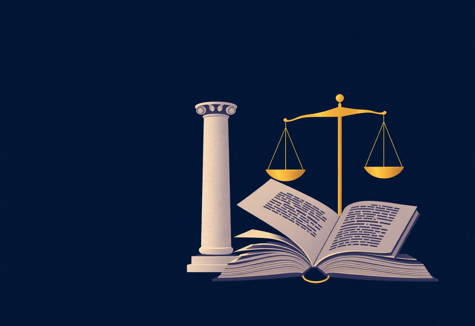 Illustration of the scales of justice, a marble column, and an open law book